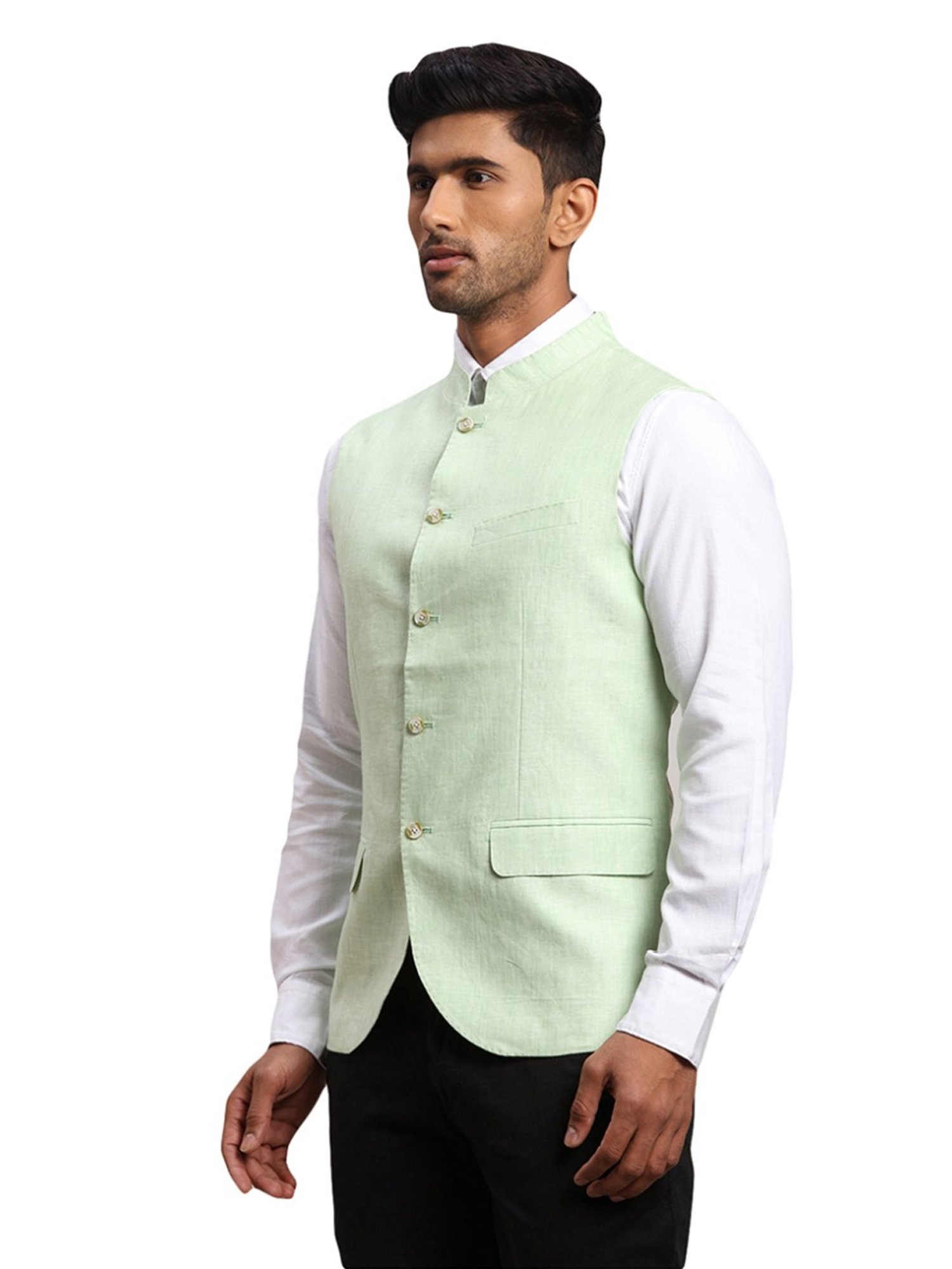 Parx Green Linen Regular Fit Nehru Jacket