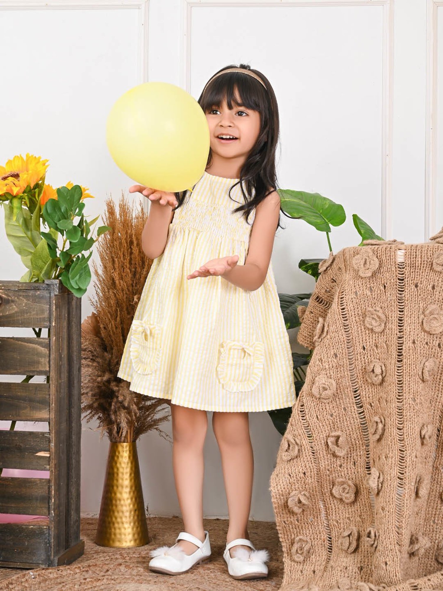 LilPicks Kids White & Yellow Striped Dress
