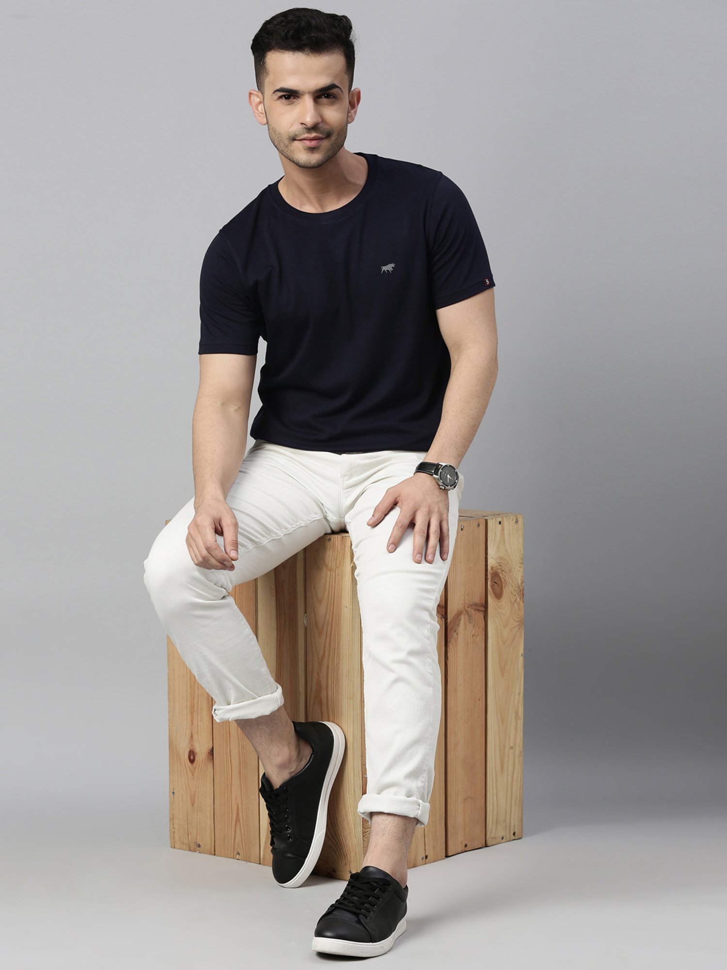 Bushirt Navy Regular Fit Cotton Crew T-Shirt