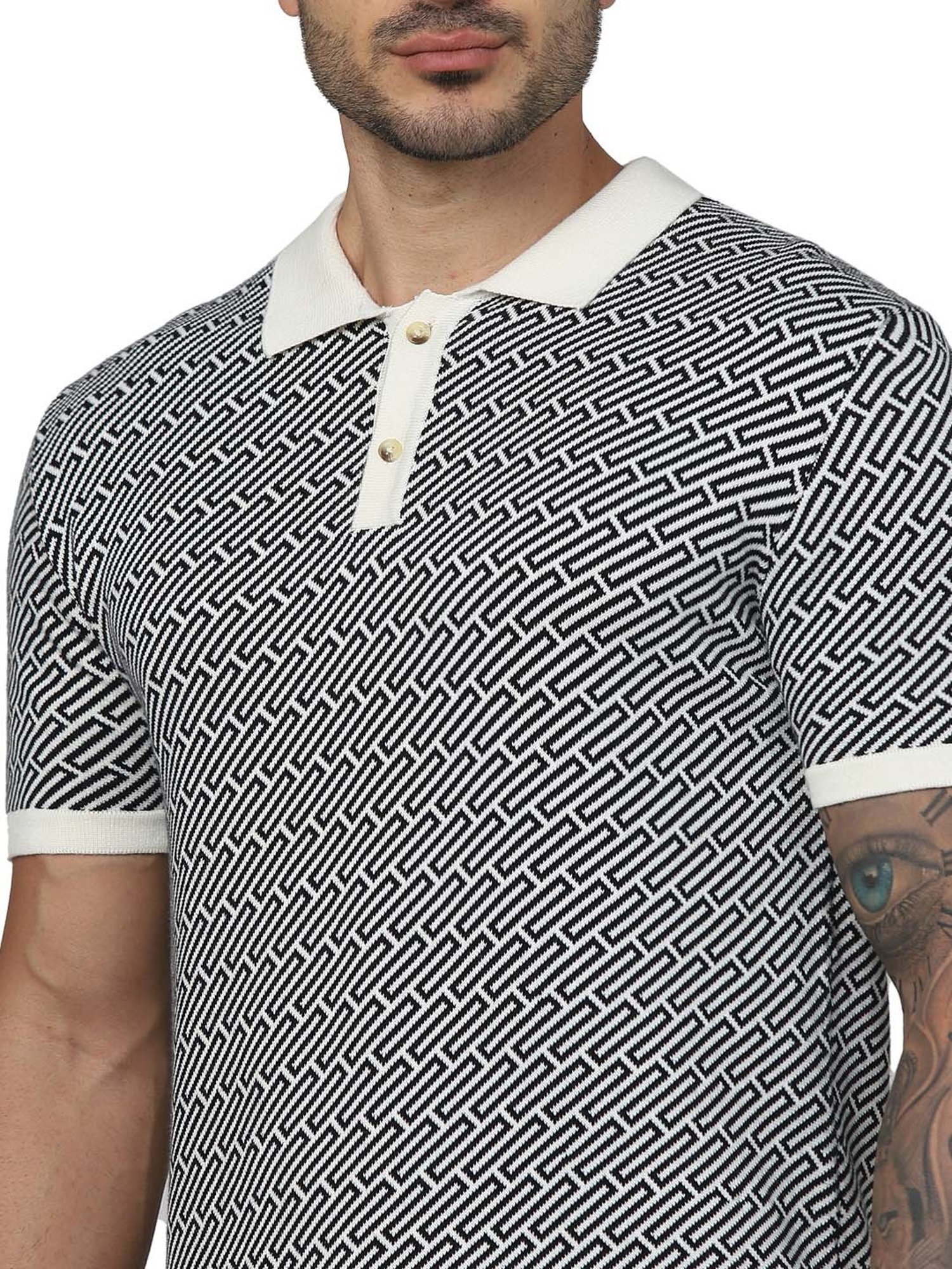 celio* Black & White Regular Fit Self Design Cotton Polo T-Shirt