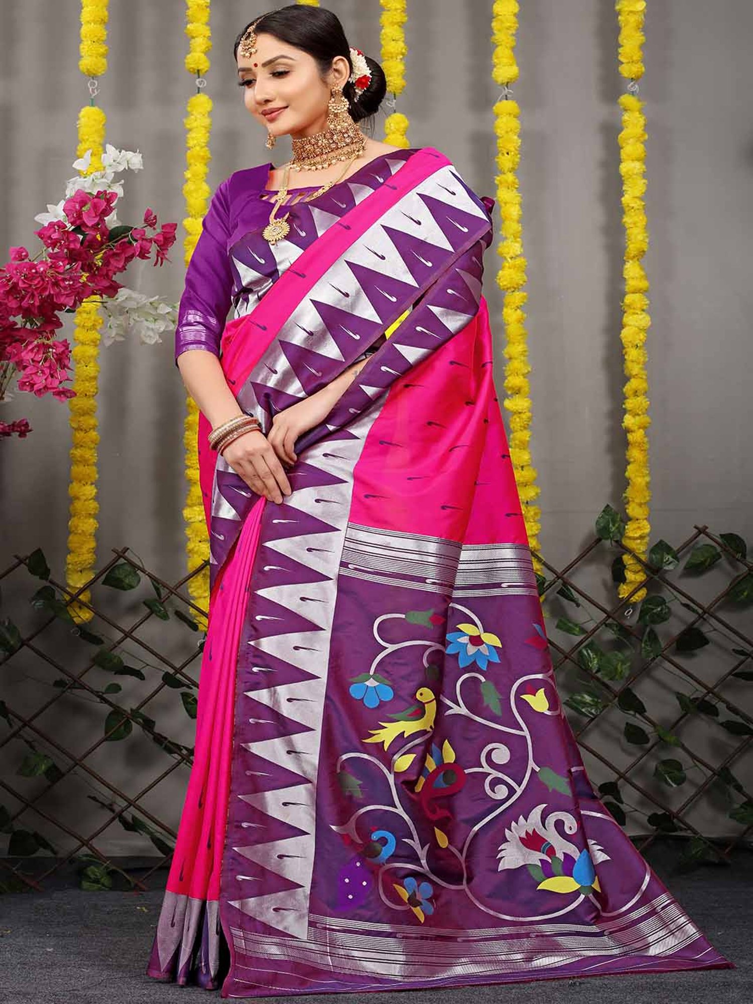 SHUBHKALA Pink & Purple Silk Woven Saree With Unstitched Blouse