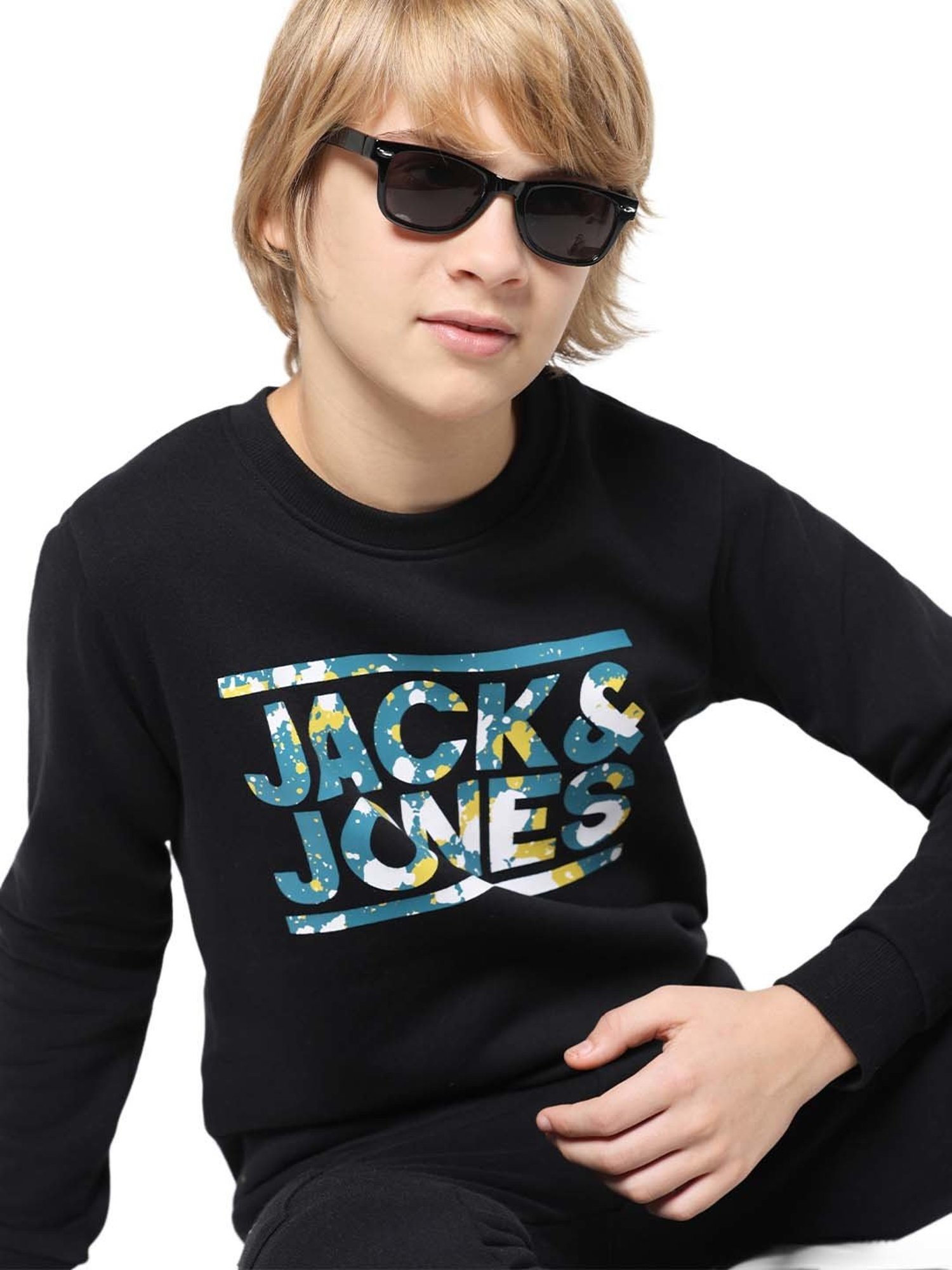 Jack & Jones Junior Jet Black Printed Full Sleeves Sweatshirt