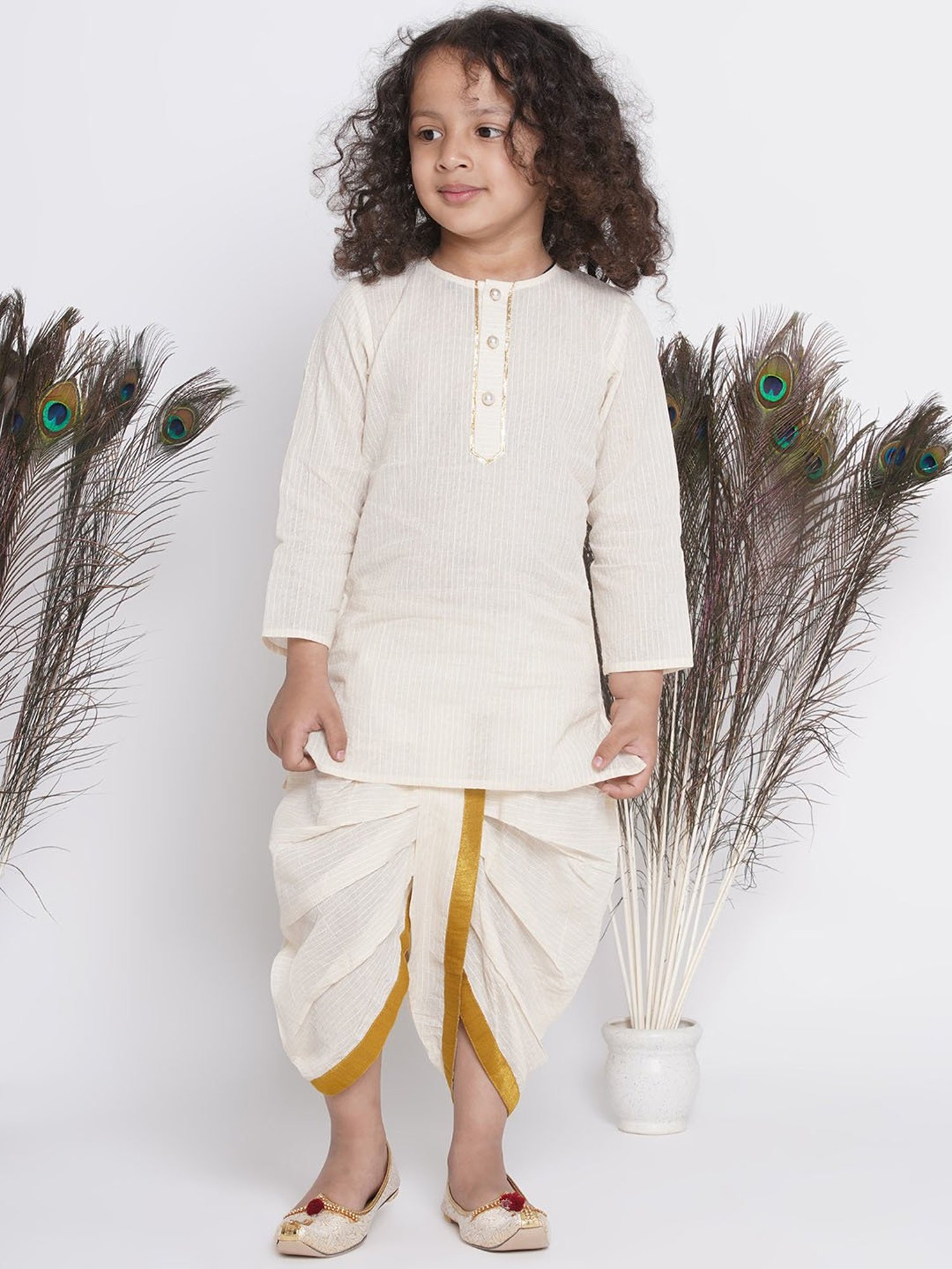 Little Bansi Kids Cream Embroidered Full Sleeves Kurta , Jacket with Dhoti