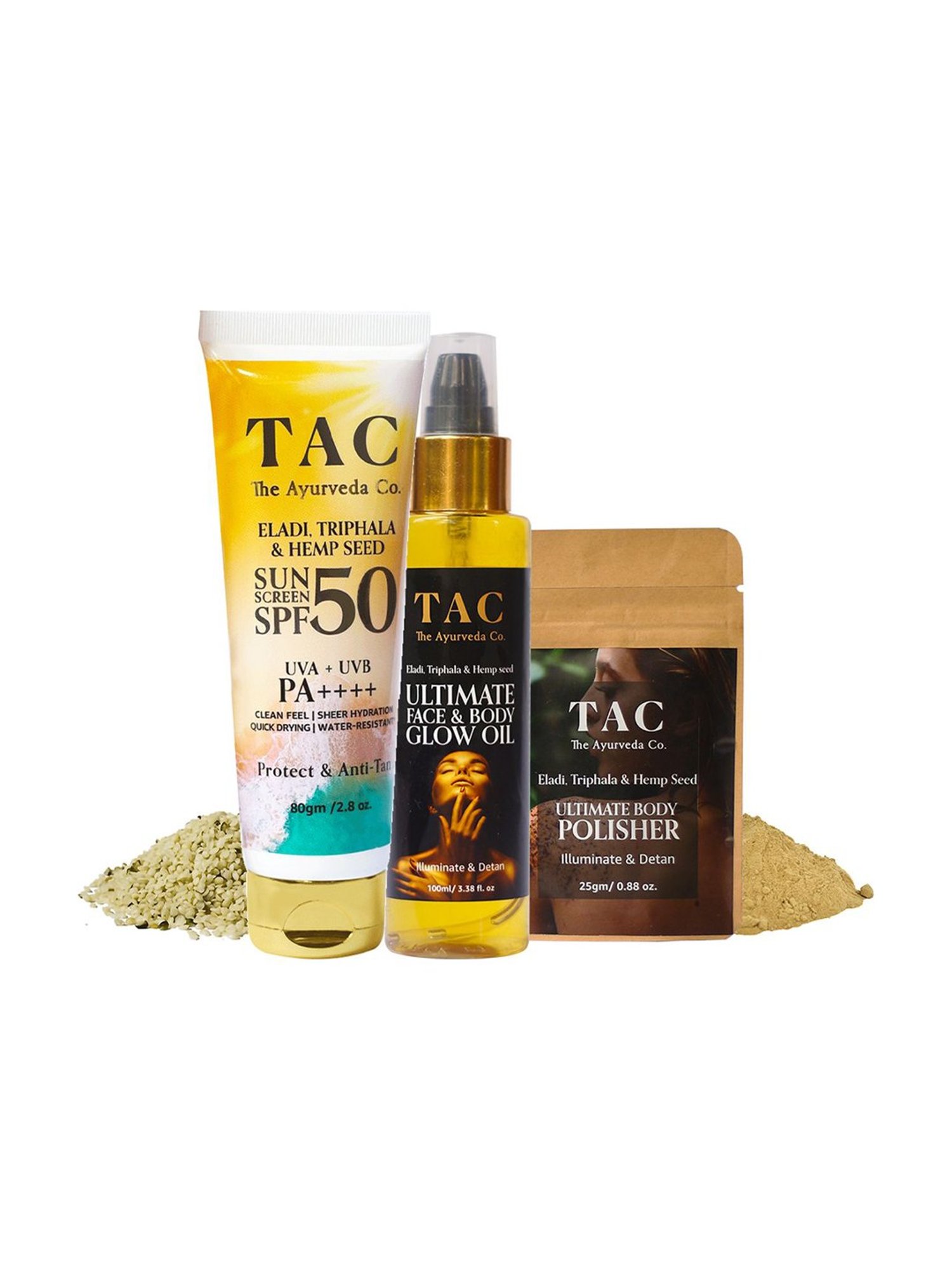 TAC- The Ayurveda Co. SPF 50 Sunscreen, Body Polisher Scrub & Oil