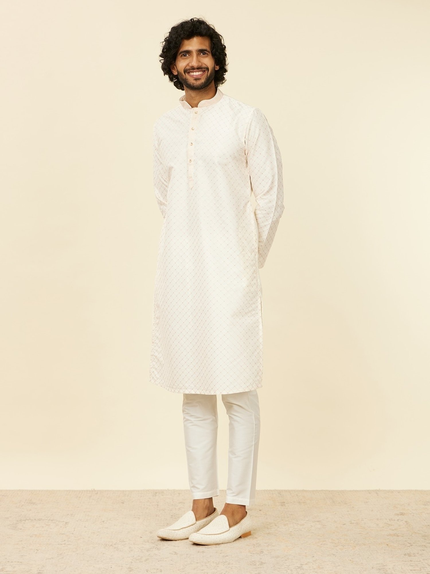 Manyavar Warm White Regular Fit Embroidered Kurta Bottom Set