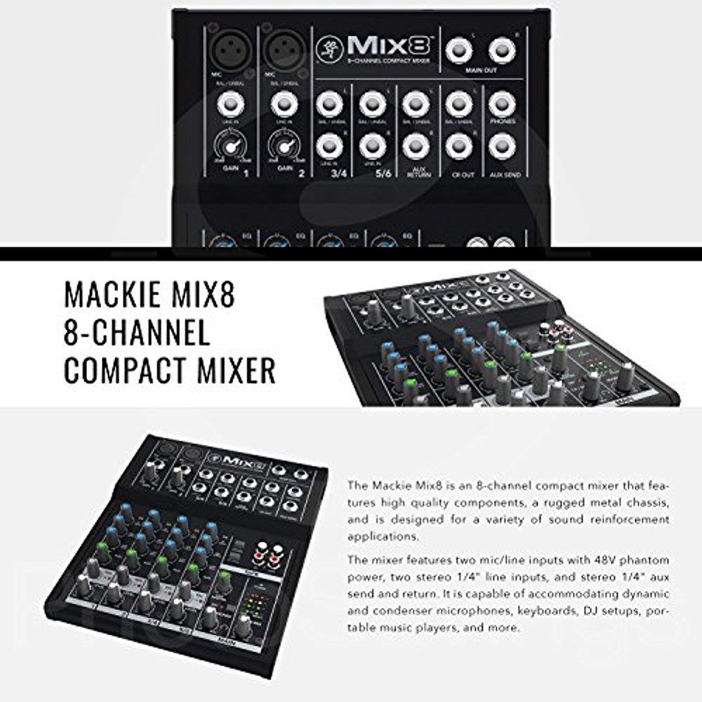 Mackie Mix Series Mix8 8-Channel Compact Mixer and Deluxe Bundle with Closed-Back Headphones + Cables + Fibertique Cleaning Cloth
