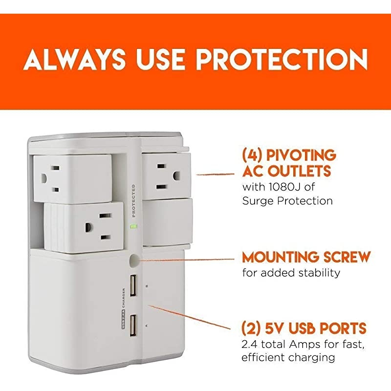 On-Wall Surge Protector with 4 Pivoting AC Outlets & 2 USB Ports &ndash; Packs 1080 Joules of Surge Protection & Installs On Existing Outlets to Protect Your Gear & Increase Outlet Capacity