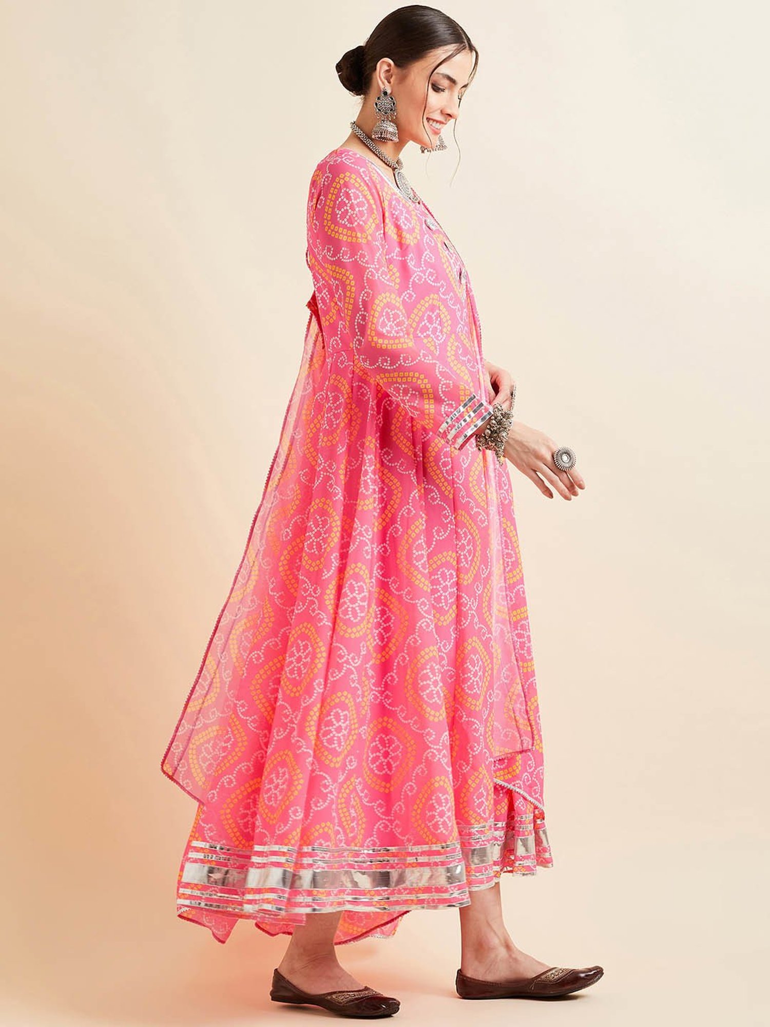 PANIT Pink Printed Ethnic Dress With Dupatta