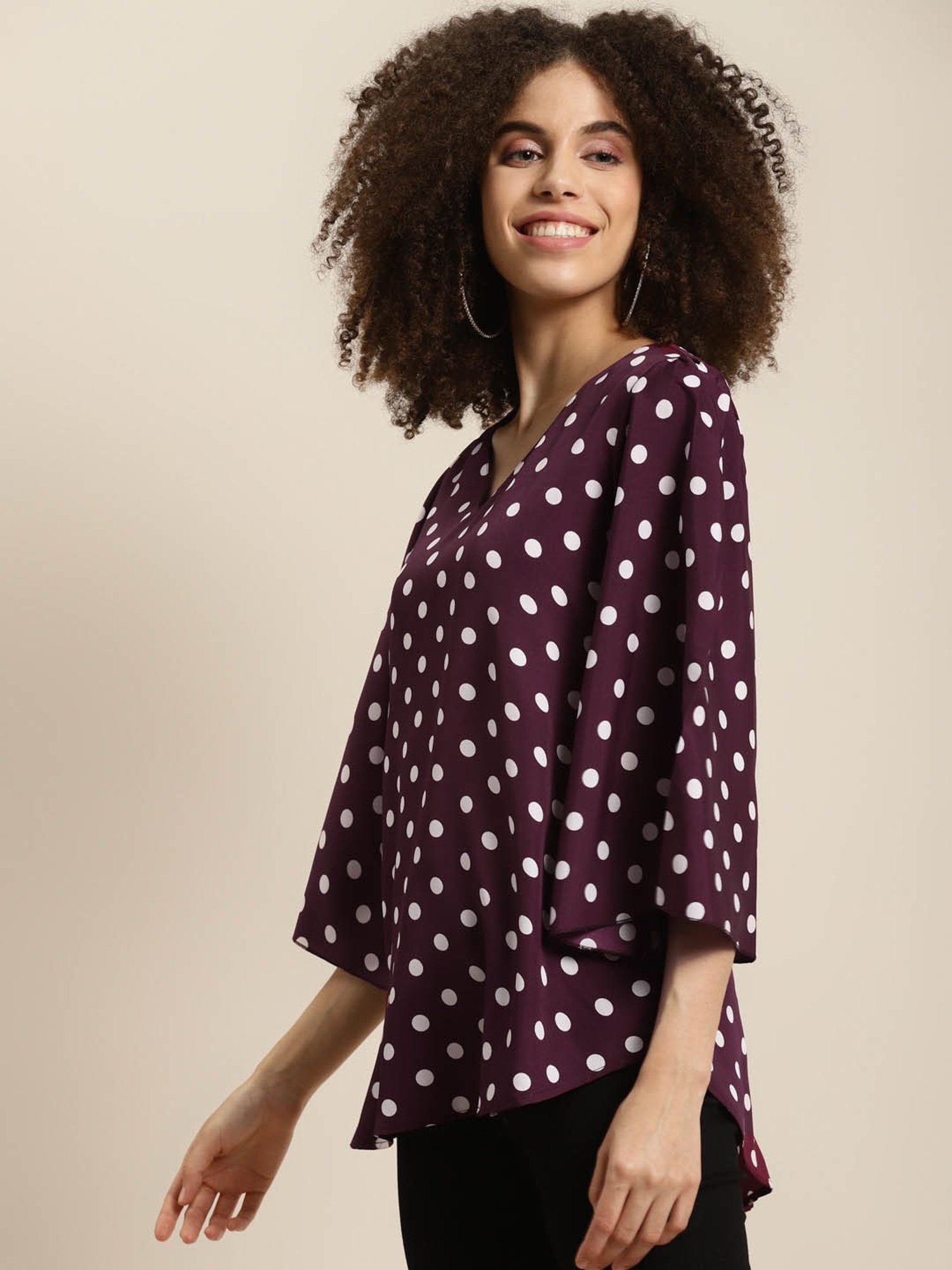 Qurvii Burgundy & White Polka Dot Top