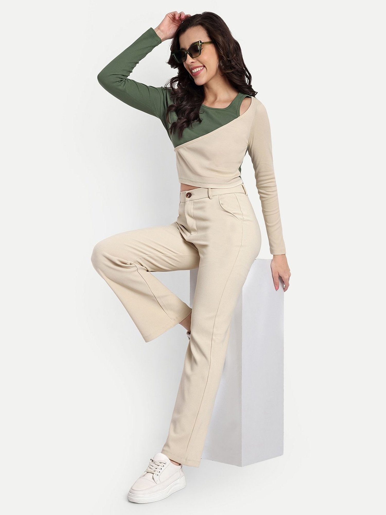 Broadstar Beige Straight Fit High Rise Corduroy Trousers