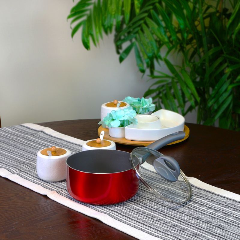 Oster Herscher 2.5 Quart Aluminum Sauce Pan with Tempered Glass Lid in Red