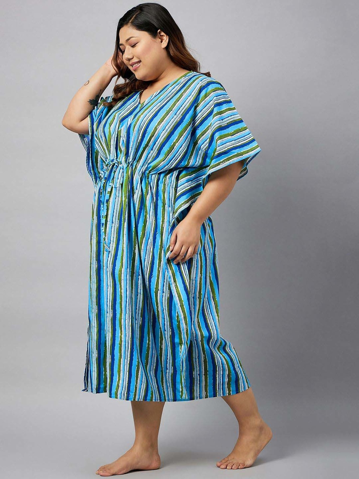 Secrets By ZeroKaata Peacock Blue Cotton Printed Kaftan