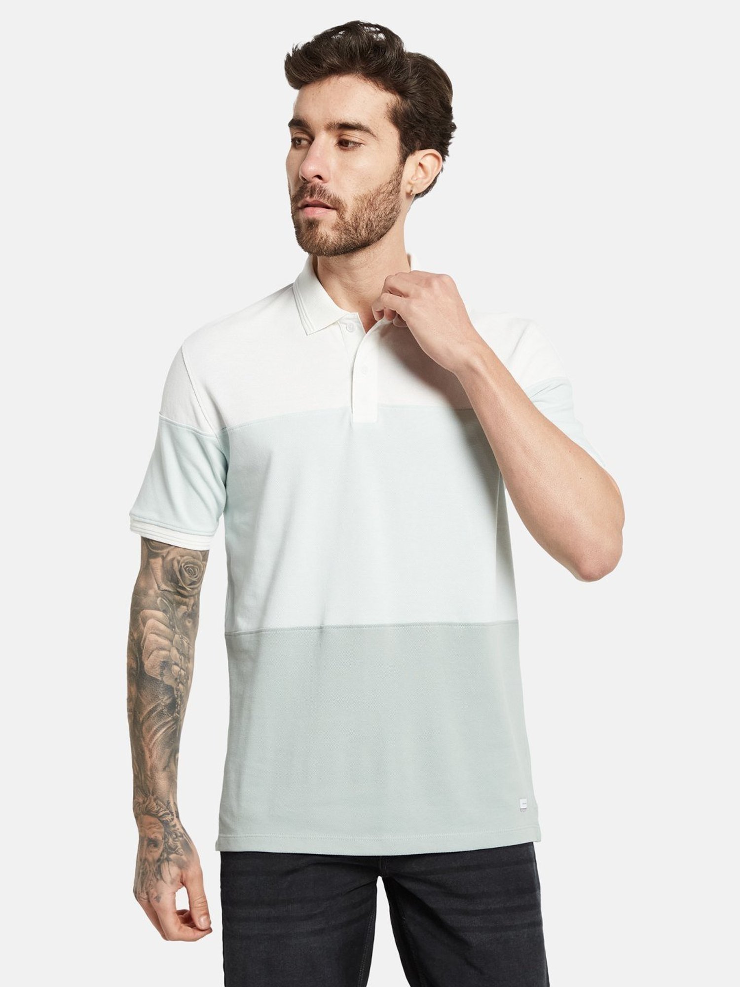 Octave Dusty Mint Cotton Regular Fit Colour Block Polo T-Shirt