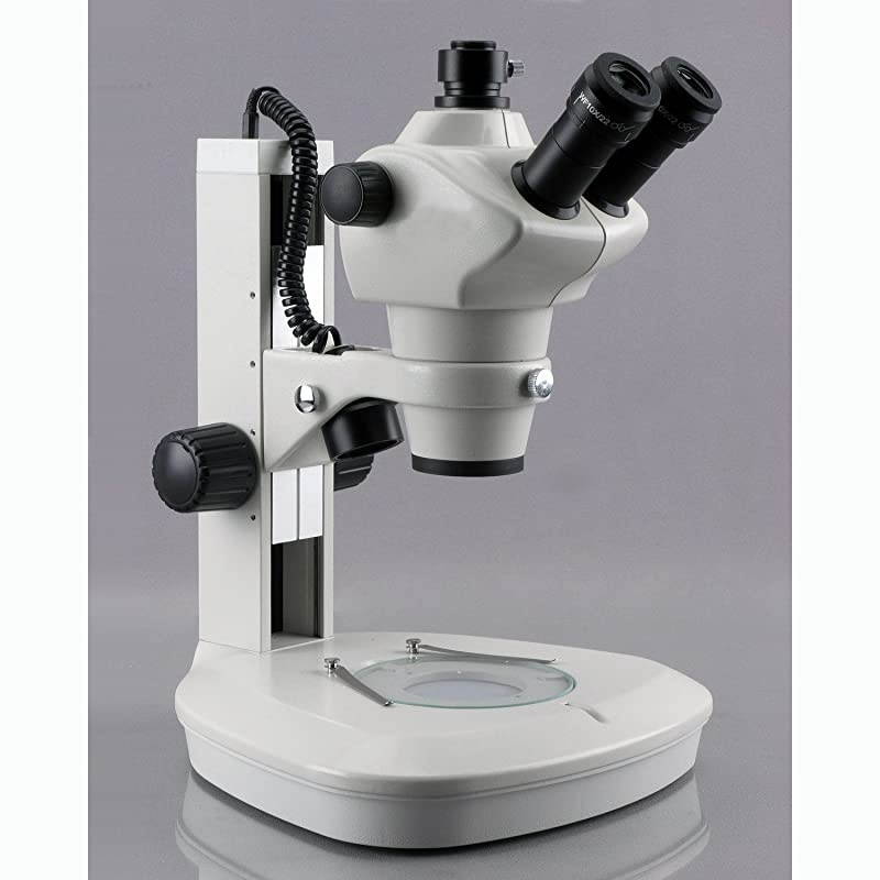 Track Stand Stereo Zoom Trinocular Microscope w/Top & Bottom LED Lights