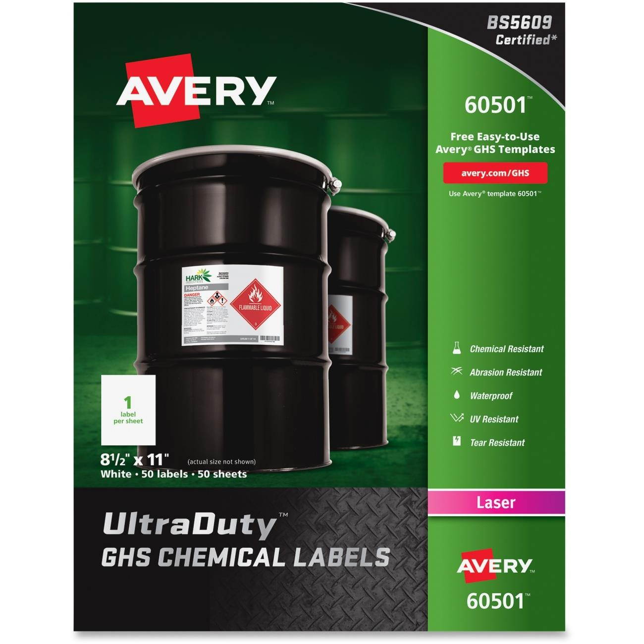 AVERY 60501 8-1/2" x 11" GHS Chemical Labels for Laser Printers, 50