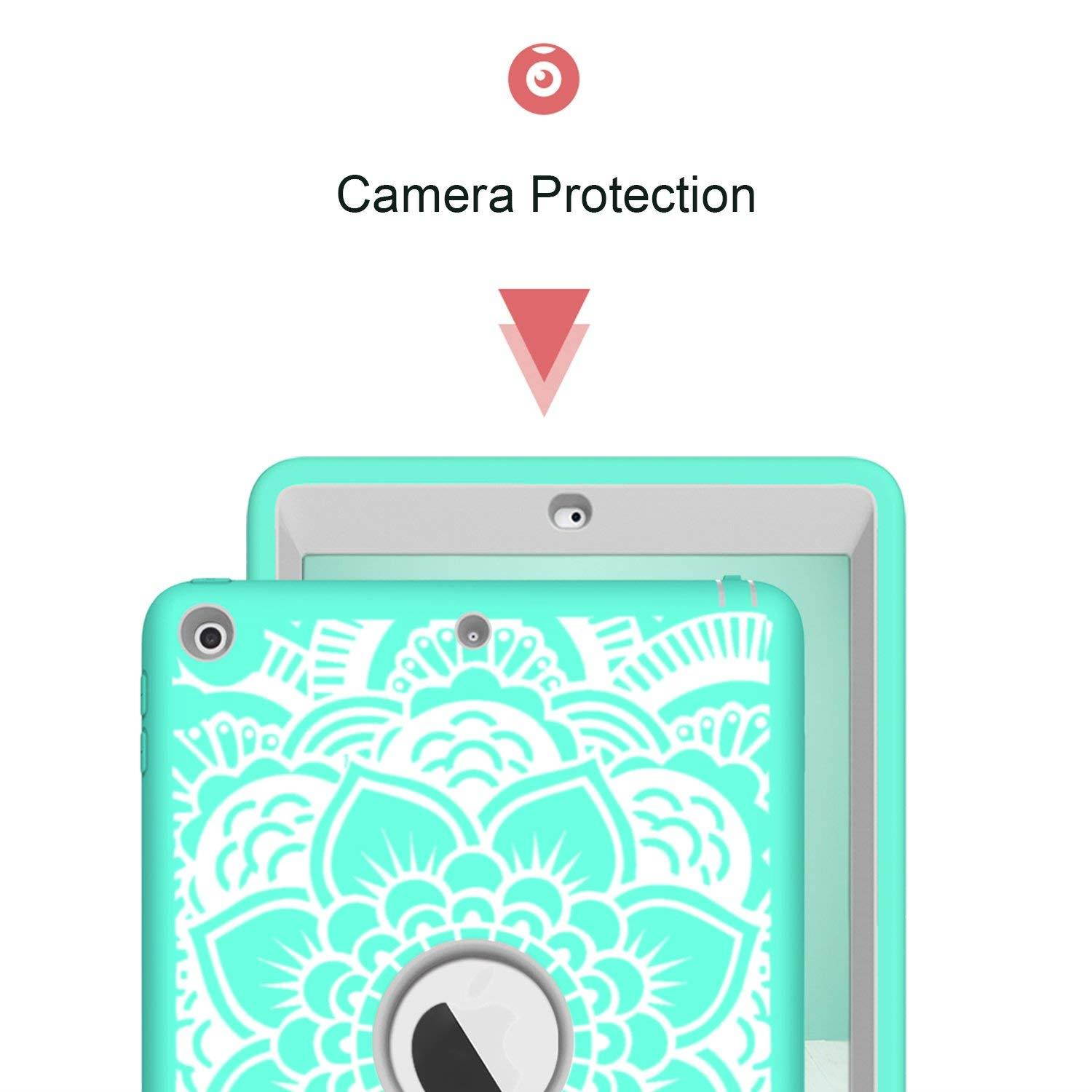 iPad 5th/6th Generation Case, Hocase Heavy Duty Shock Absorbent Rubber+Hard Plastic Dual Layer Protective Case w/ Mandala Floral Print and Kickstand for iPad 9.7 2018/2017 - Mint Green / Gray