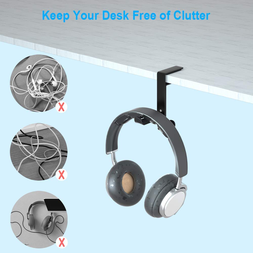 Headset Hook Holder Headphone Hanger, Aigrous Universal PC Gaming Headset Hanger Mount Earphone Stand Adjustable Desk Clamp USB Cable Earbuds Hook Organizer for Apple Watch Headphone