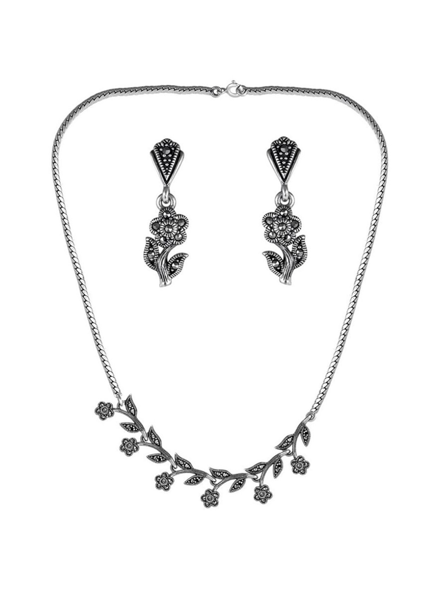 Rihi by P.C. Chandra Jewellers 925 Silver Leaf Oxidized Necklace and Earring Set for Women & Girls