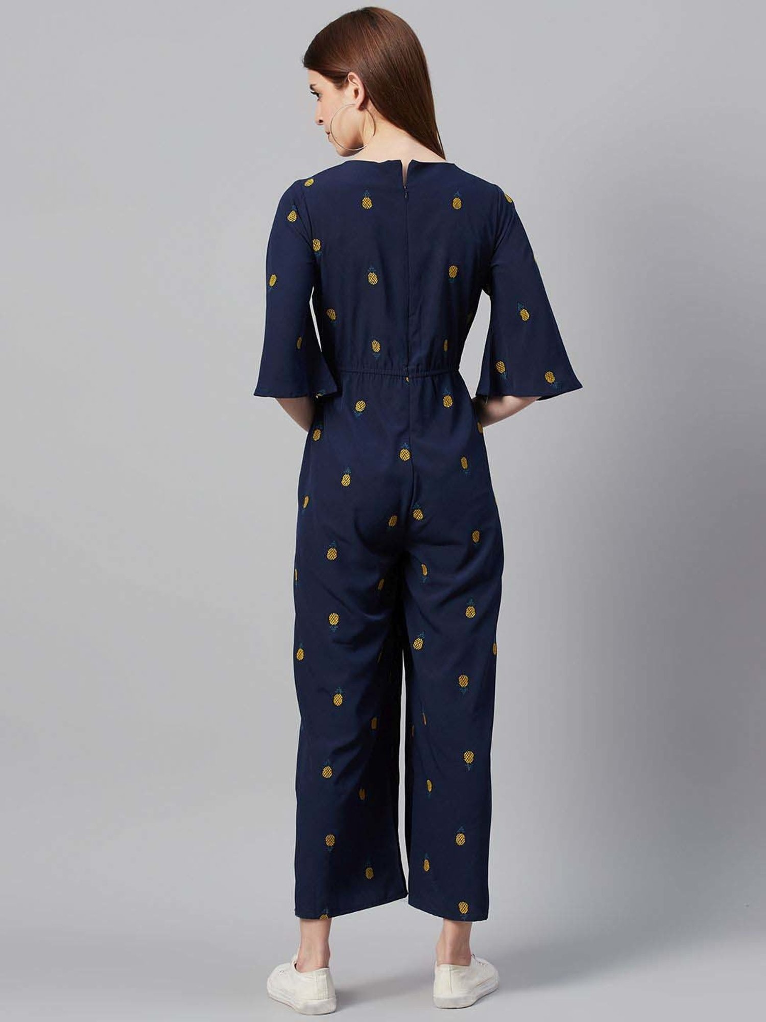 Juniper Dark Blue Quirky Printed Poly Crepe Jumpsuit With Thread Work Embroidery