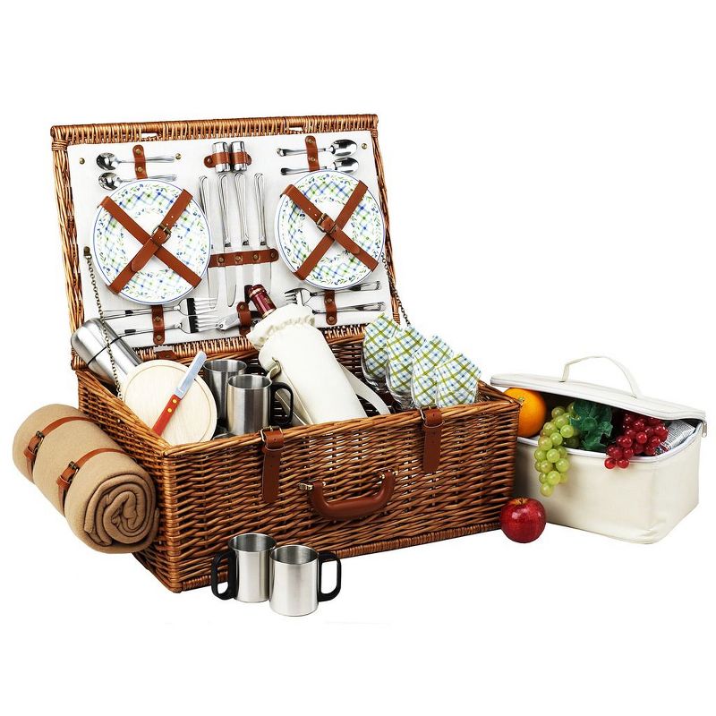 Picnic at Ascot Insulated Picnic Basket/Cooler Fully Equipped with Service for 2 - Trellis Green