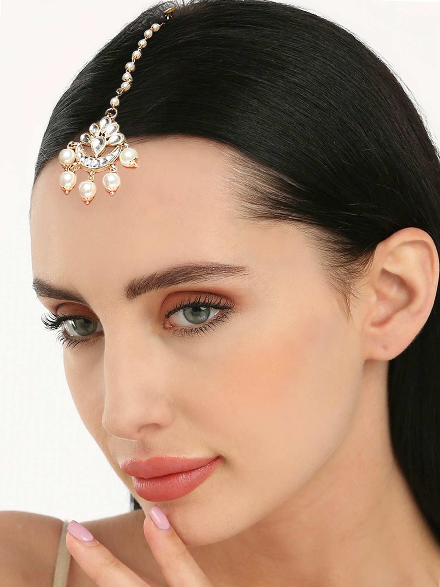 Oomph Gold Tone Kundan & Pearls Jadau Matha Patti & Maang Tikka - Set of 2