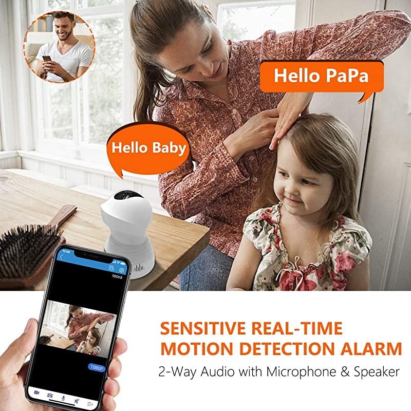 Security Camera 1080P Pet Camera -  WiFi Home Security System for Office/Baby Monitor, 2.4Ghz PTZ Indoor IP Wireless Dome Camera with Night Vision, Two-Way Audio, Cloud Service Available, White