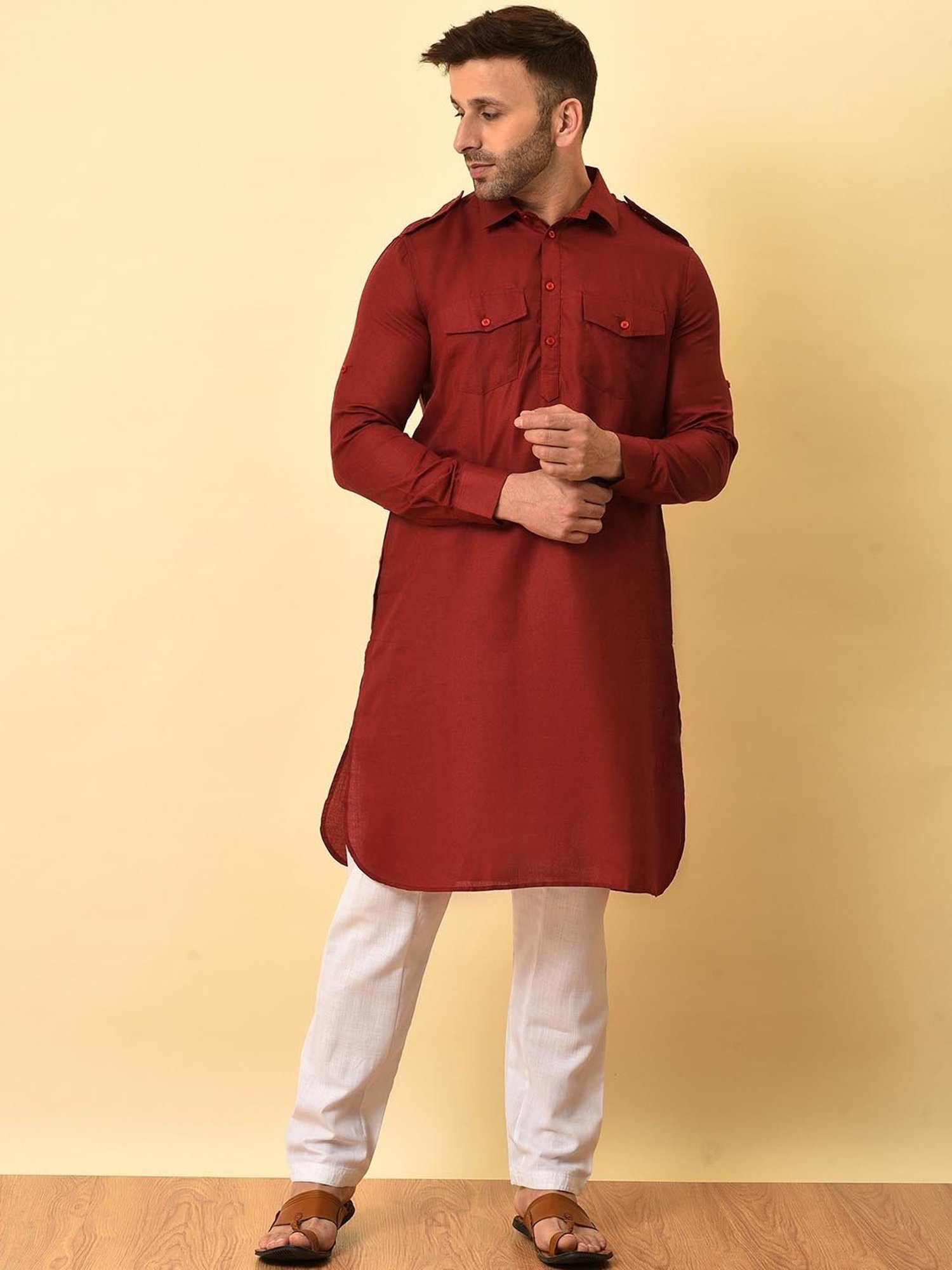 Hangup Maroon & White Regular Fit Pathani Kurta & Pyjamas Set