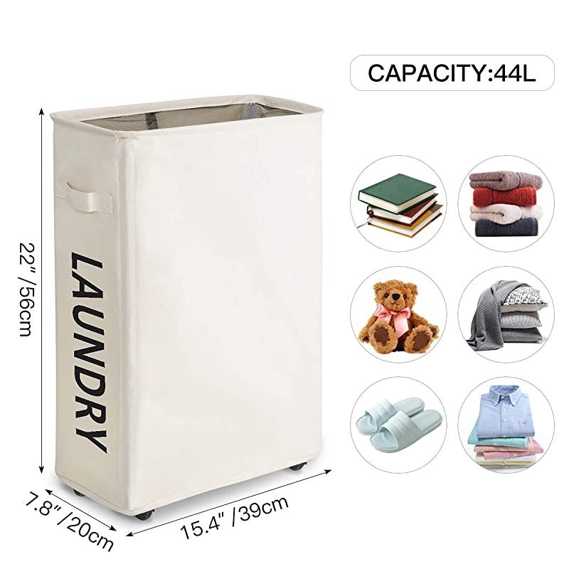 45L Slim Dirty Clothes Hamper for Laundry Collapsible Rolling Laundry Basket Hanging Small Space Laundry Hamper with Wheels Folding Laundry CartBeige 2