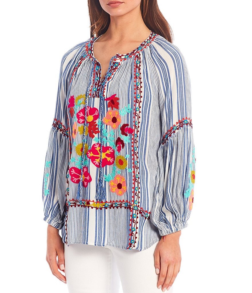 Tru Luxe Jeans Stripe Floral Embroidery Long Sleeve Peasant Top