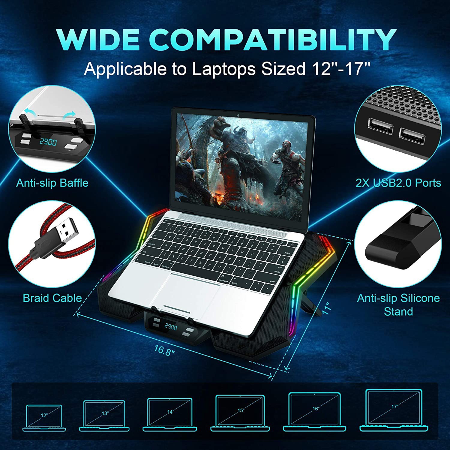 RGB Laptop Cooling Pad Gaming Laptop Cooler with 12-Mode, 6 High-Speed Quiet Fans, LED Screen Control Panel, Colorful LED Lights, 7 Heights Stand, 2 USB Ports, Compatible up to 17 Inch Laptop