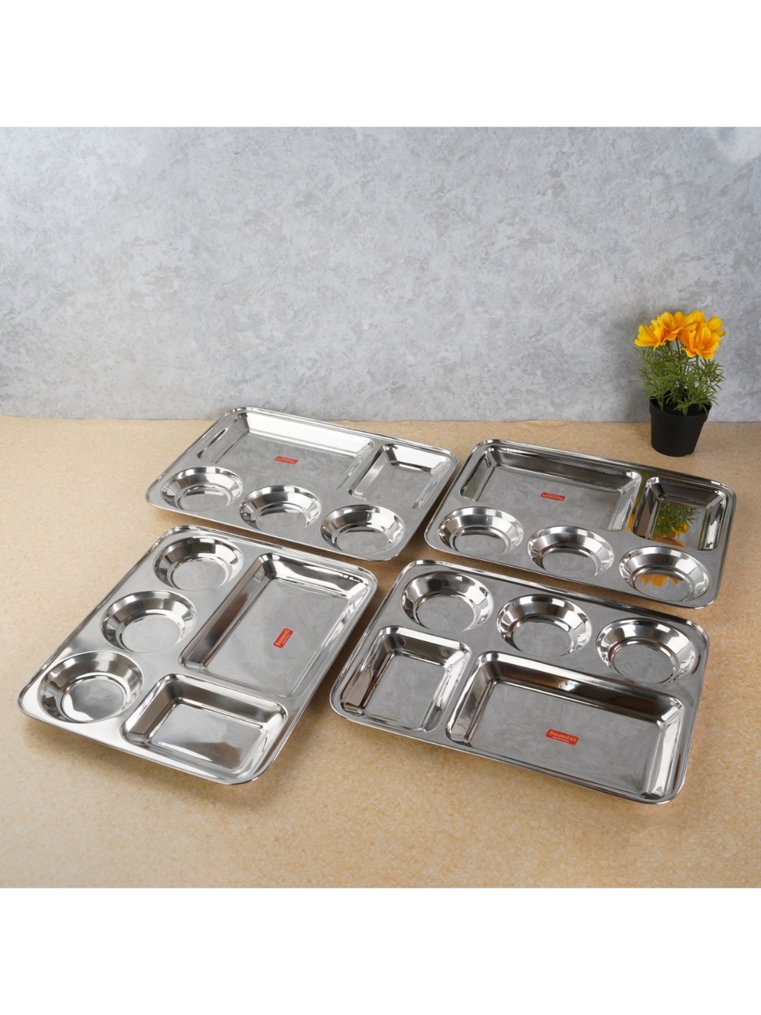 Sumeet S.S. Rectangular 5 in 1 Compartment Lunch/Dinner Plate Set of 4Pcs, 33.5cm Dia, Silver