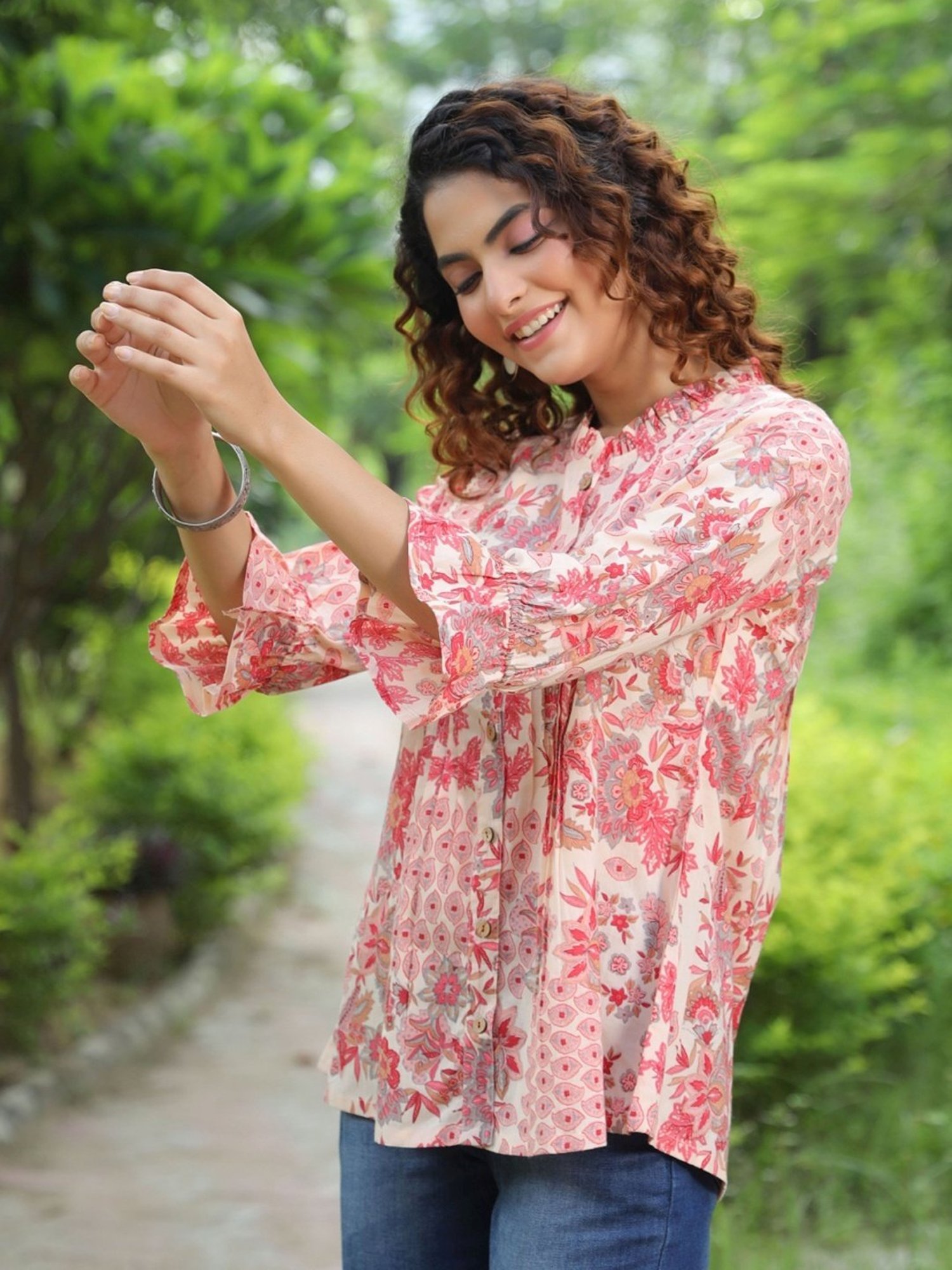 Rain and Rainbow Peach Cotton Floral Print Top