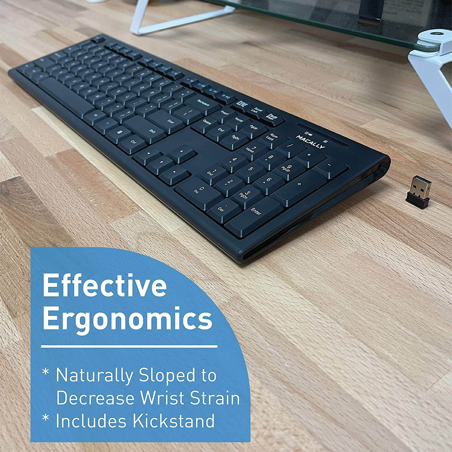 Macally 2.4 Wireless Keyboard and a Vertical Laptop Stand, Elegant & Incredibly Stable Universal Laptop Stand