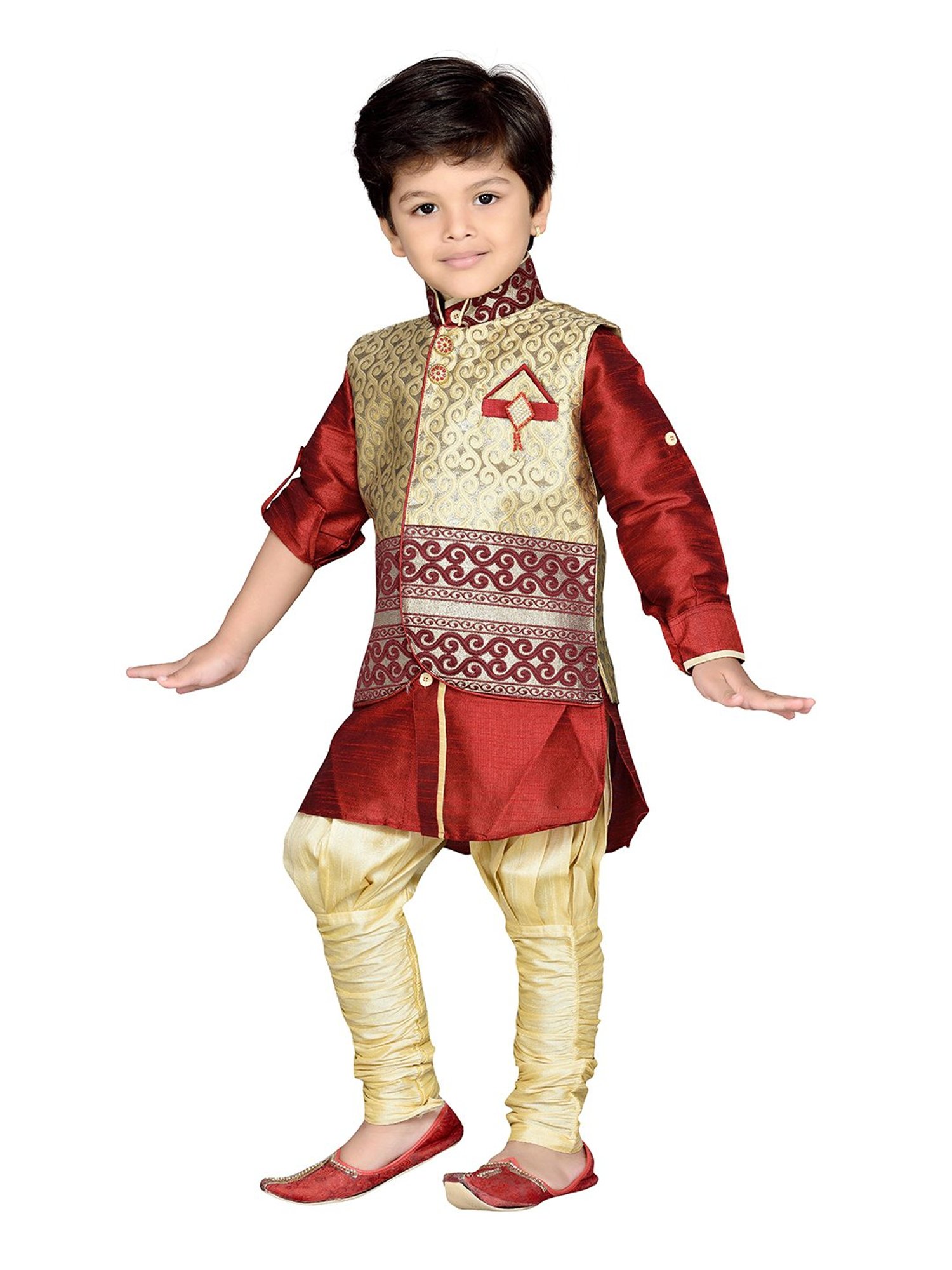 AJ Dezines Kids Maroon & Gold Self Design Full Sleeves Kurta, Pyjamas with Waistcoat