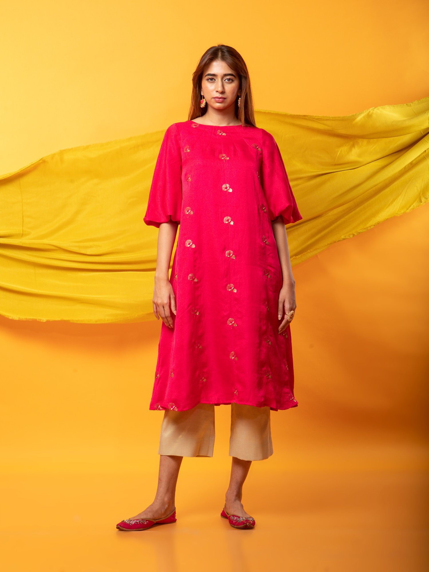 Monk & Mei Feroz Kurta and Pant Set-Fuchsia Pink and gold