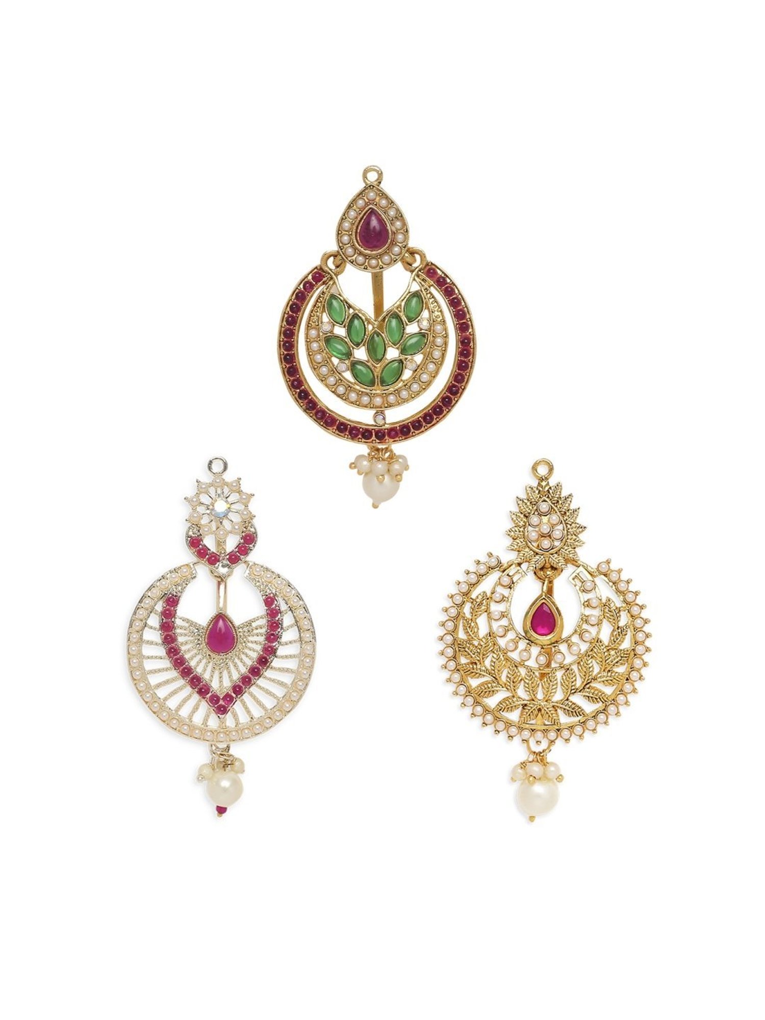 OOMPH Combo of 3 Maroon & Green Stones Kundan Hair Bun Pin Juda Pin Ethnic Chandbali Style
