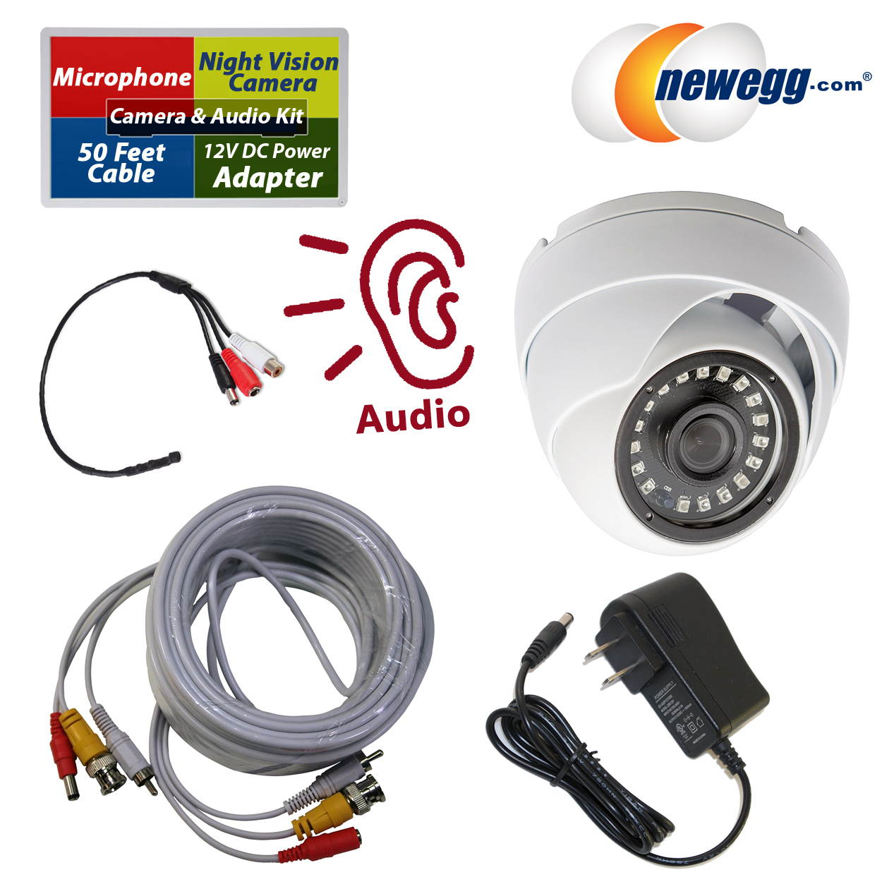 Evertech 1080P Hybrid AHD/TVI/CVI/Analog Indoor/Outdoor Dome Security Camera with 50 feet premade Cable, CCTV Microphone and 12V DC Power Adapter