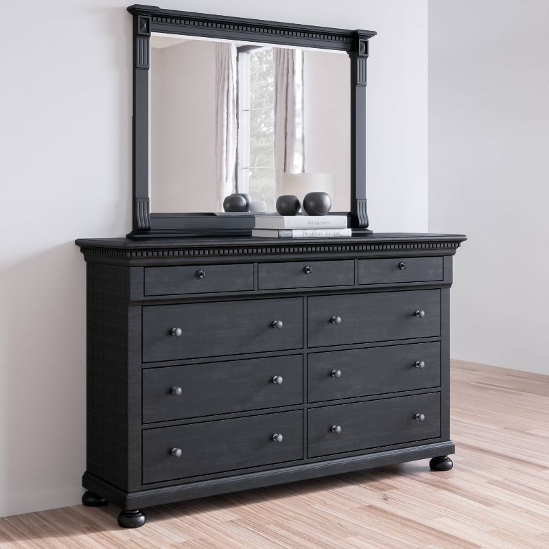 Henrietta Solid Wood Nine Drawer Dresser and Mirror Distressed Black - Abbyson Living
