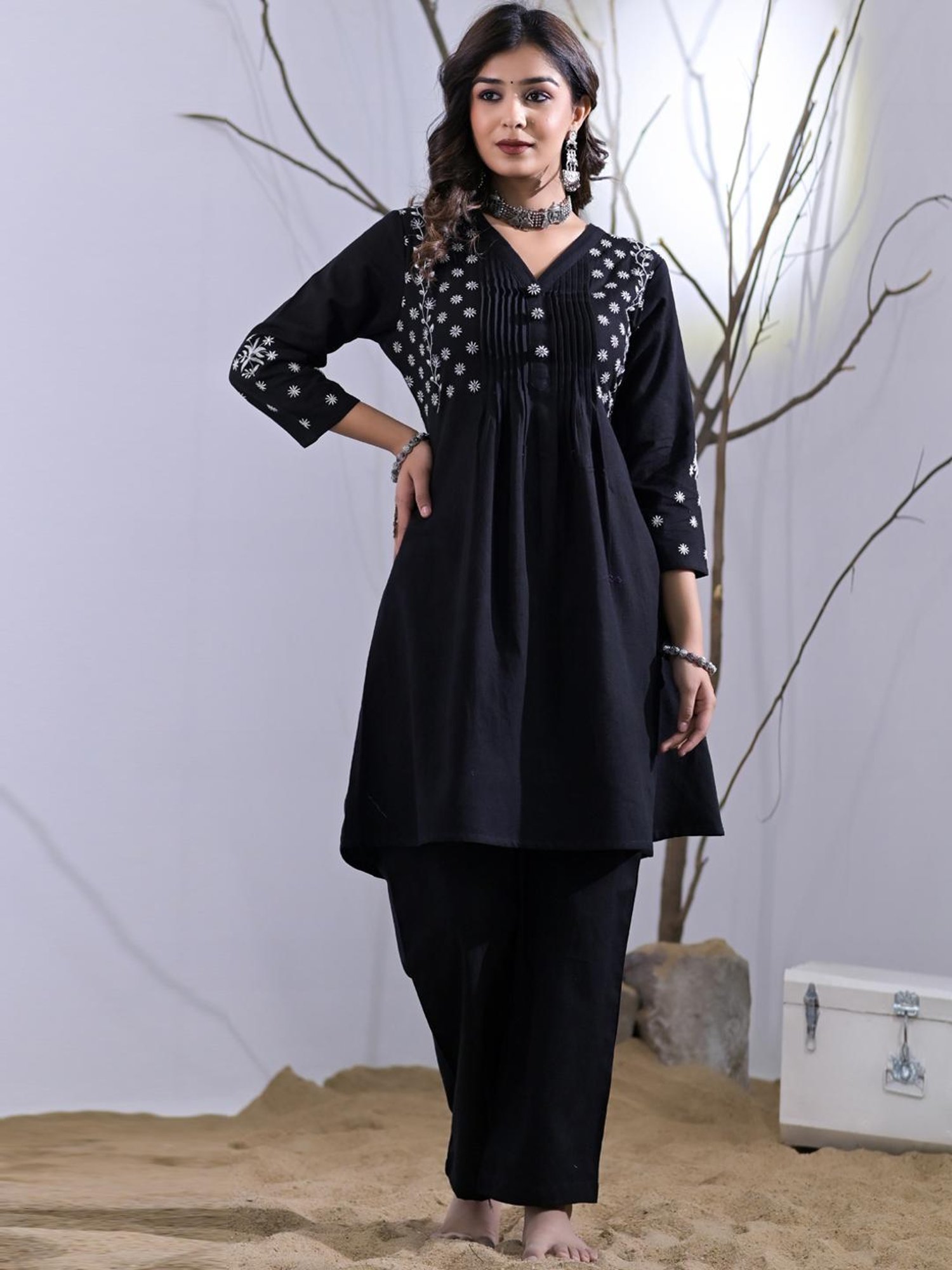 READIPRINT FASHIONS Black Embroidered Tunic Palazzo Set