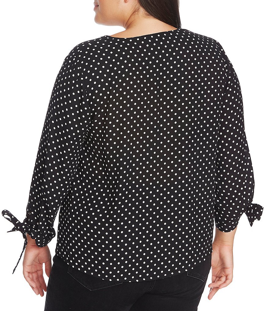 CeCe Plus Size 3/4 Bow Tie Sleeve Polka Dot V-Neck Blouse