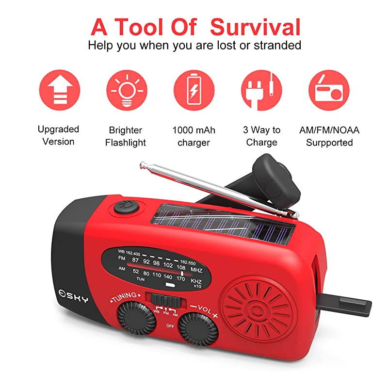 Upgraded Version Portable Emergency Weather Radio Hand Crank Self Powered AMFMNOAA Solar Radios with 3 LED Flashlight 1000mAh Power Bank Phone Charger Red
