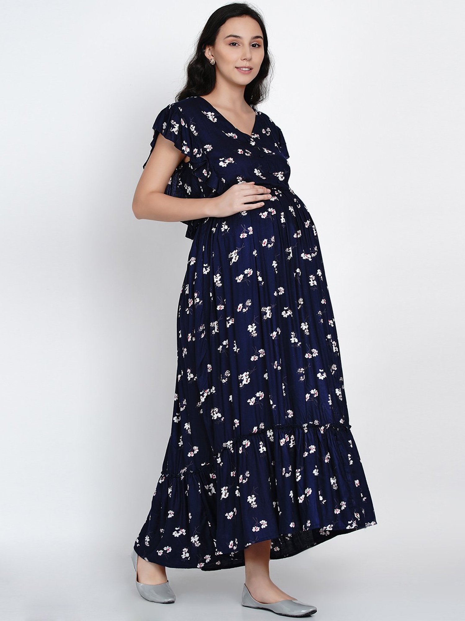 Mine4Nine Navy Floral Print Maternity Dress