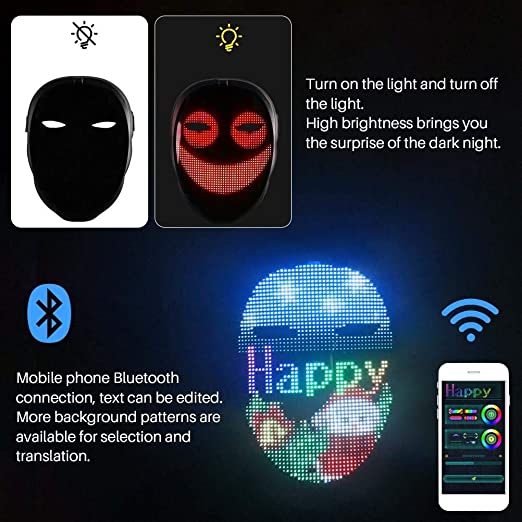 LED Mask with App Bluetooth Programmable, USB Rechargeable Light up Halloween Christmas Cosplay Costume Party Personalized Smart Facial Cool Full Masks for Adults Men Women