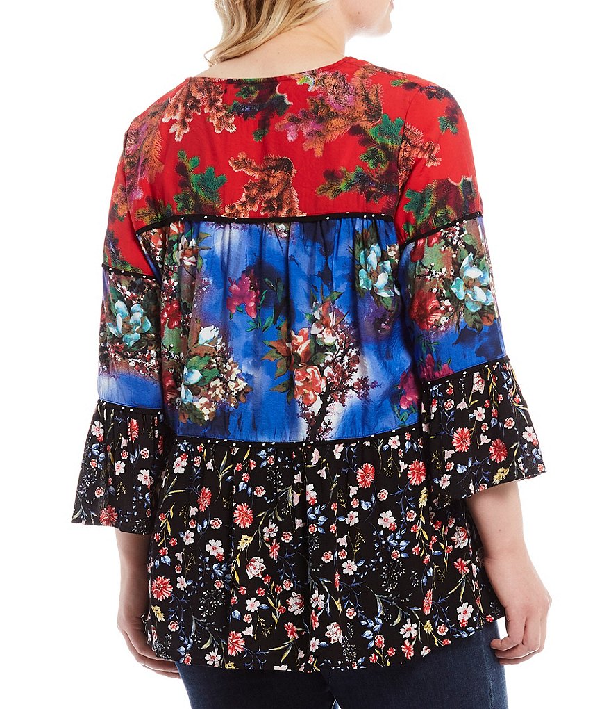 Calessa Plus Size Mixed Floral Block Print Round Neck Long Sleeve Tunic