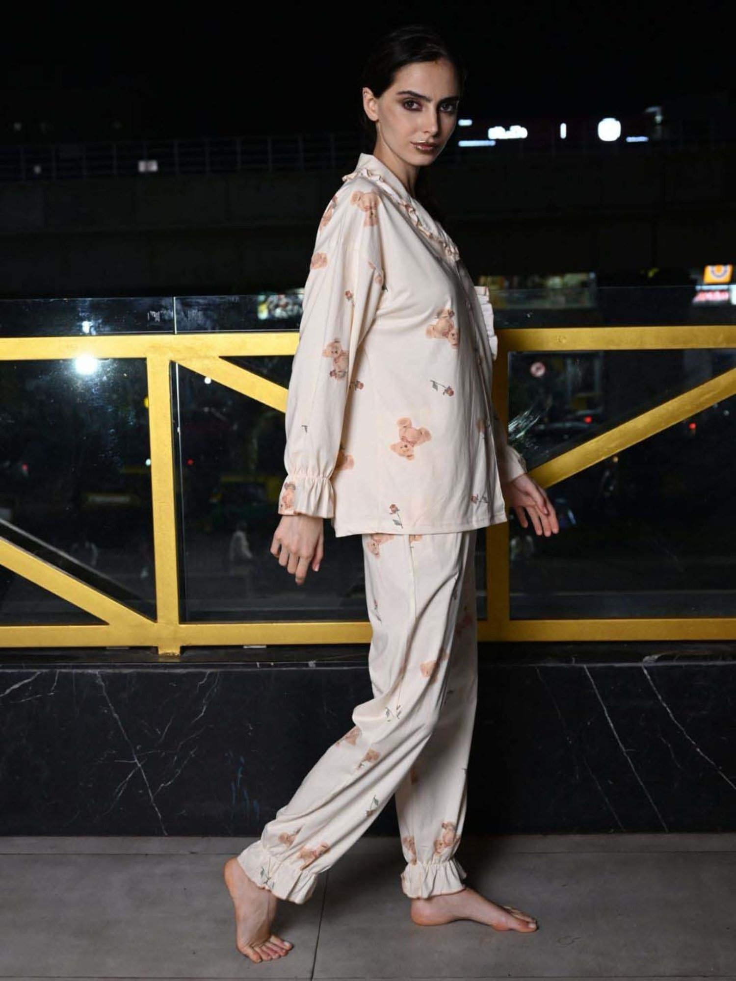 Odette Peach Cotton Printed Shirt Pyjama Set