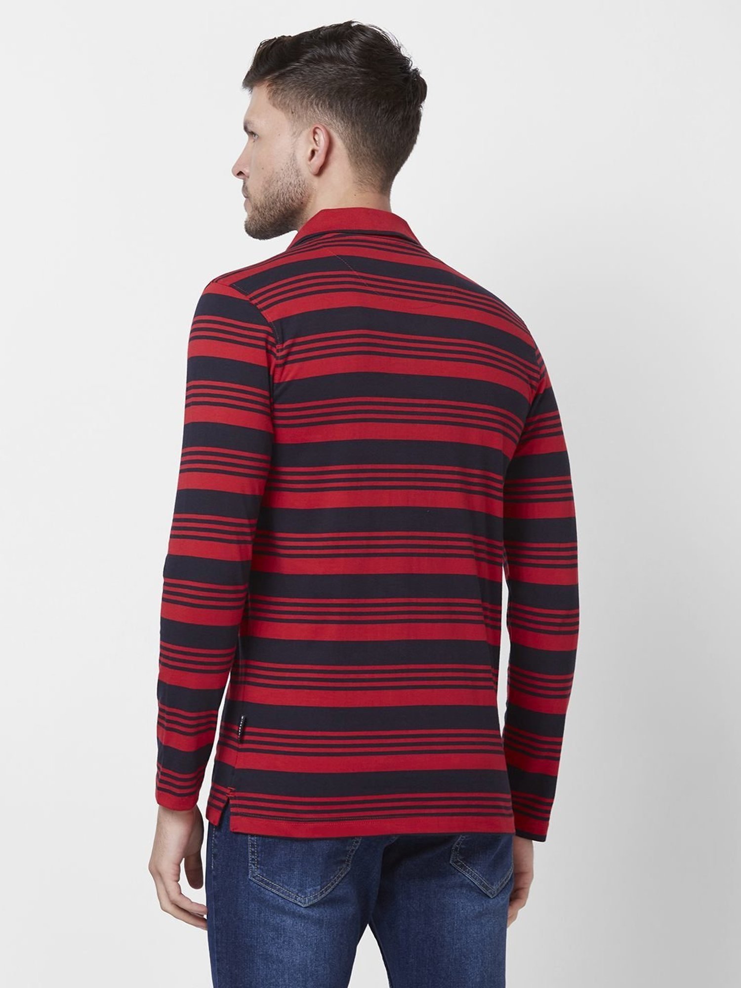 Giordano Red Cotton Slim Fit Striped Polo T-Shirt