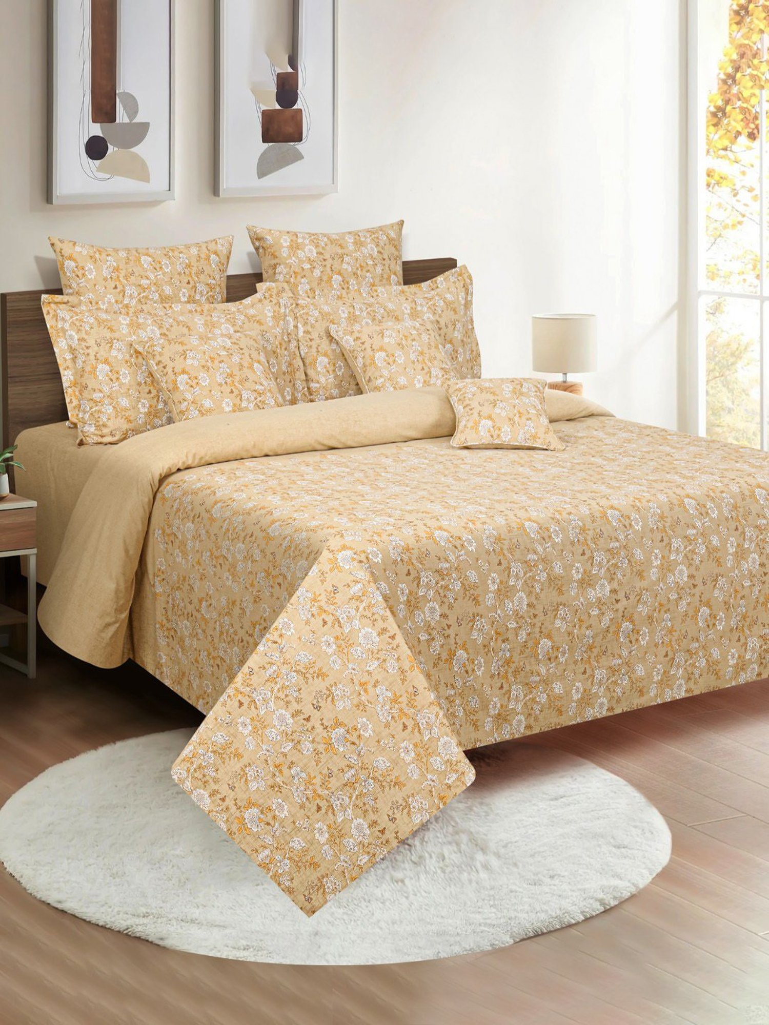 Swayam Dona Floral Gold 160 TC Cotton King Fitted Fitted Bedsheet with 2 Pillow Covers