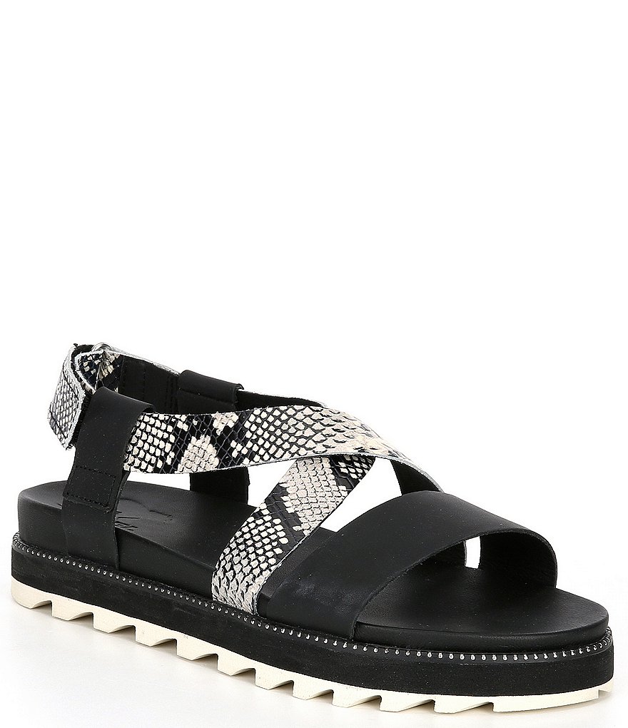 Sorel Roaming Leather Snake Print Criss Cross Sandals