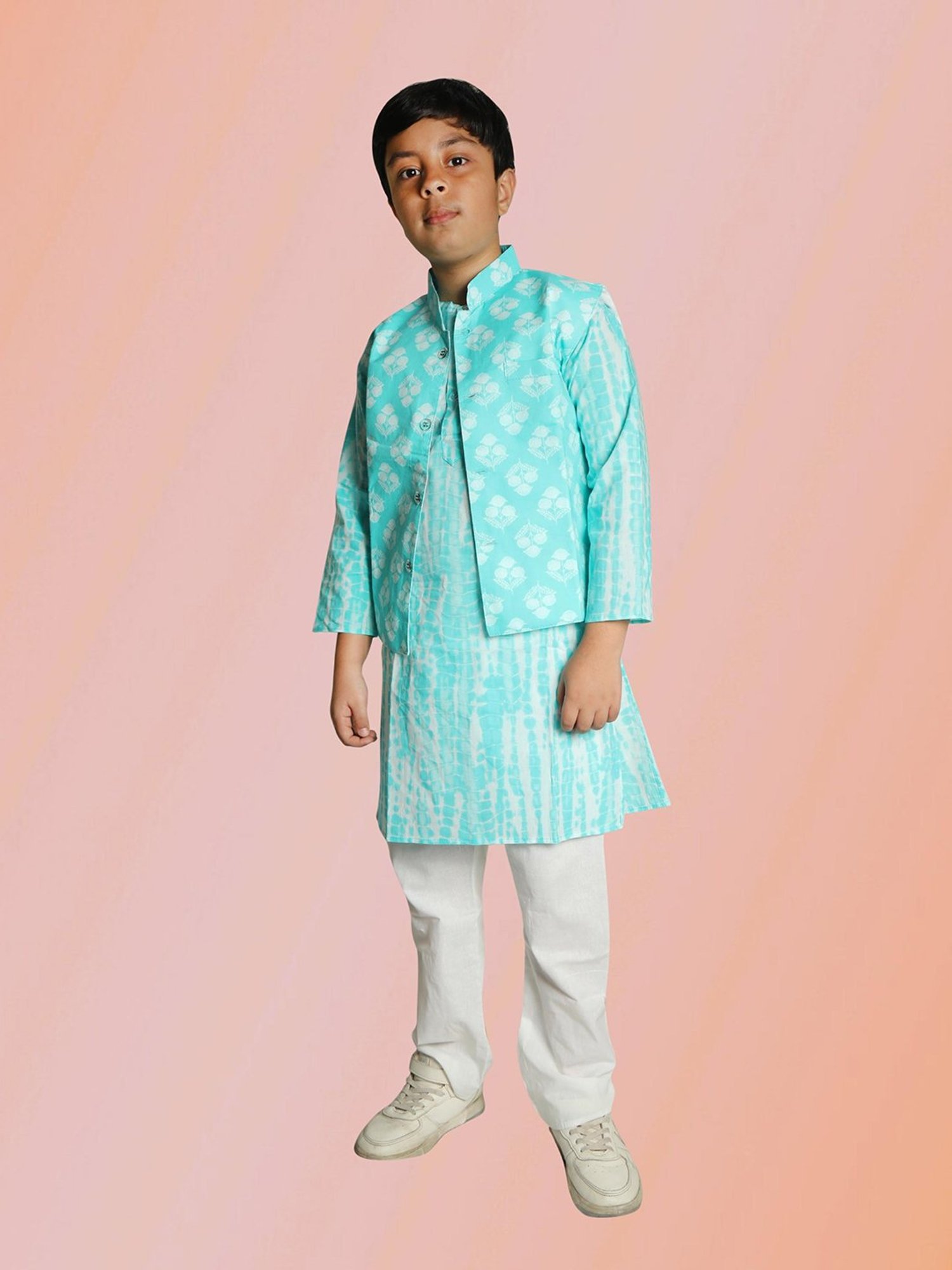 Tippy Top Kids Turquoise & White Floral Print Full Sleeves Kurta, Pyjamas with Jacket