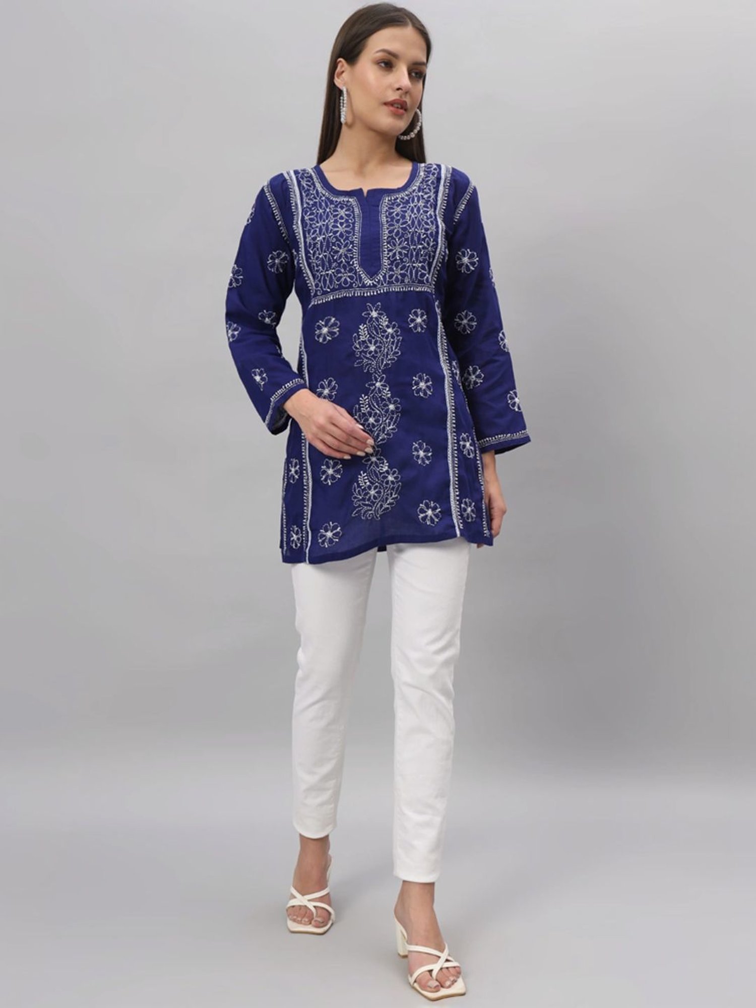 PARAMOUNT CHIKAN Royal Blue Cotton Hand Embroidered Chikankari Straight Kurti